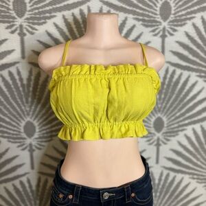 Milkmaid Ruffle Crop Top Yellow Linen Blend Tie Back Cottagecore Summer Small